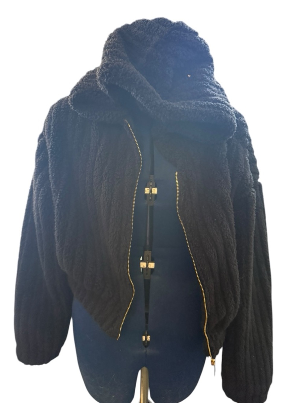 Black Plush cropped Hooded Zip Jacket. Small